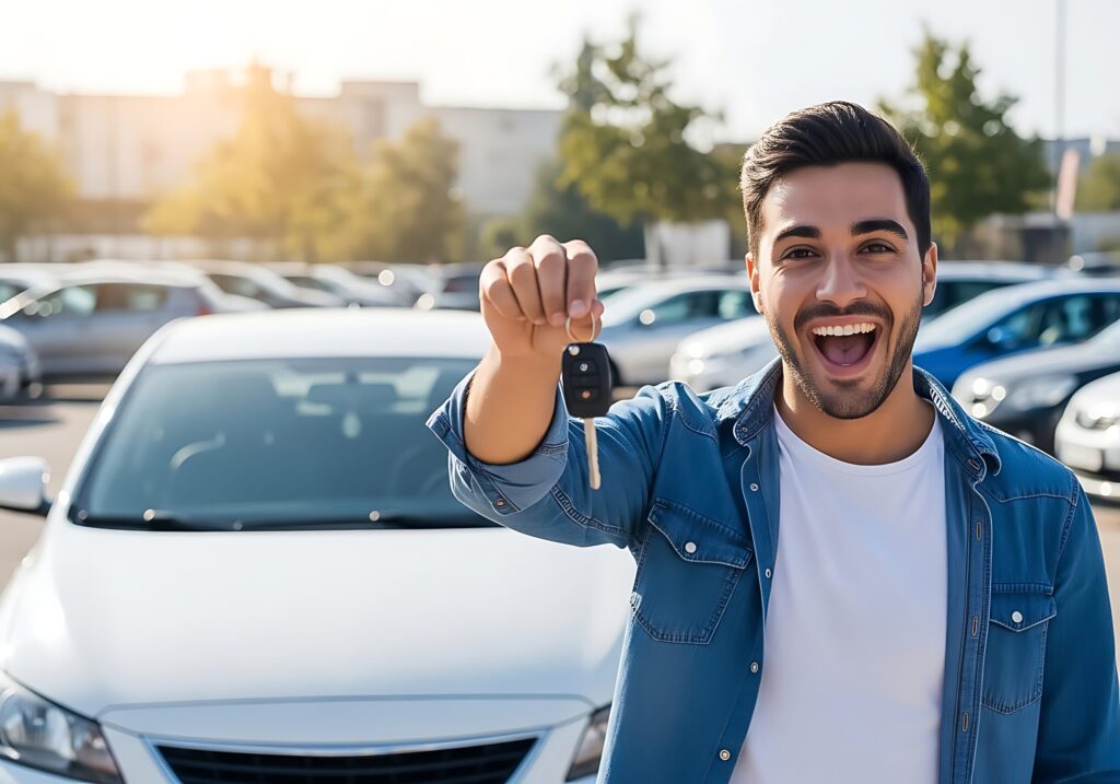 Vecteezy cheerful man holding car key in front of new car 70209173 1024x717